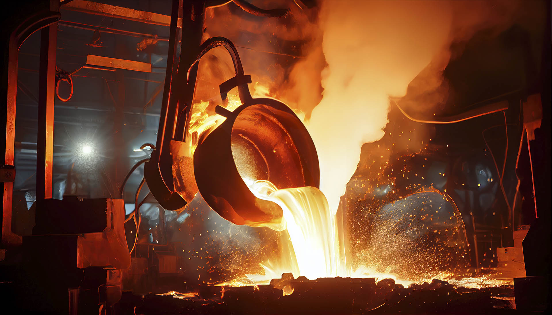 Liquid steel is poured from a metallurgical ladle.